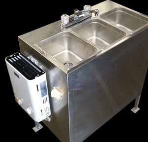 LARGE PORTABLE 3 COMPARTMENT SELF CONTAINED SINK 12V LP GAS- STAINLESS EXTERIOR