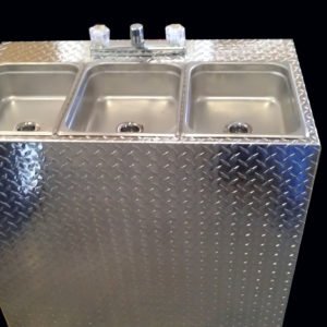 LARGE 3 COMPARTMENT, SELF CONTAINED PORTABLE SINK 12V / LP GAS TANK-LESS HOT WATER HEATER- DIAMOND PLATE